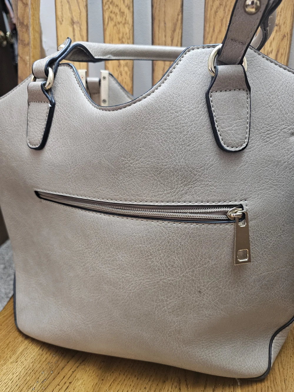 Women's Taupe Tote Bag with Decorative Hardware
